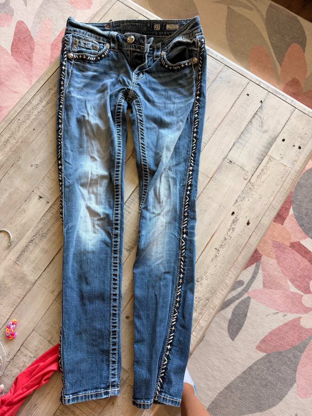 Miss Me Blue Washed Skinny Jeans with Side Embroidery Trim